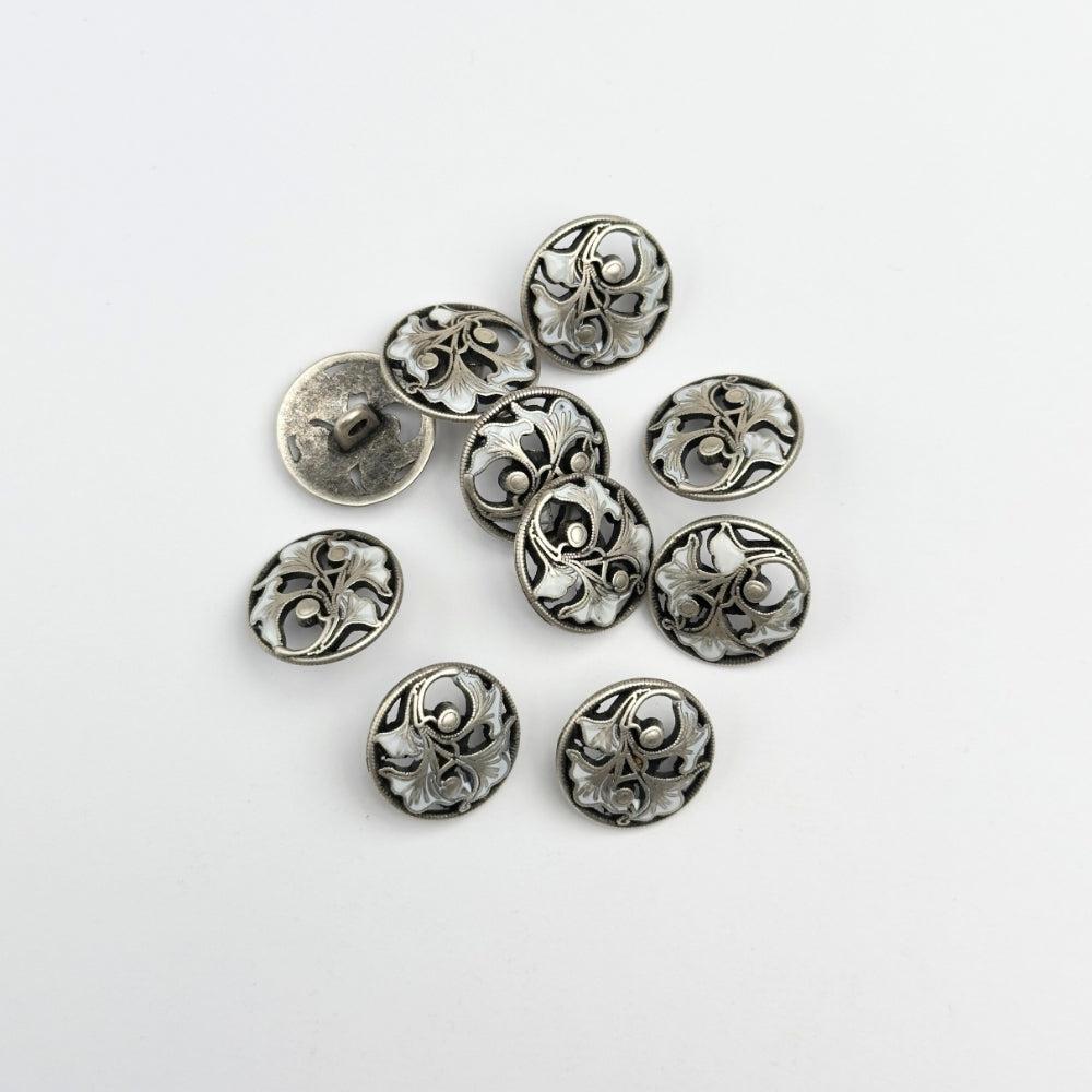 Knap - Metal med bladmønster - Silver/Cream - 18 - mm