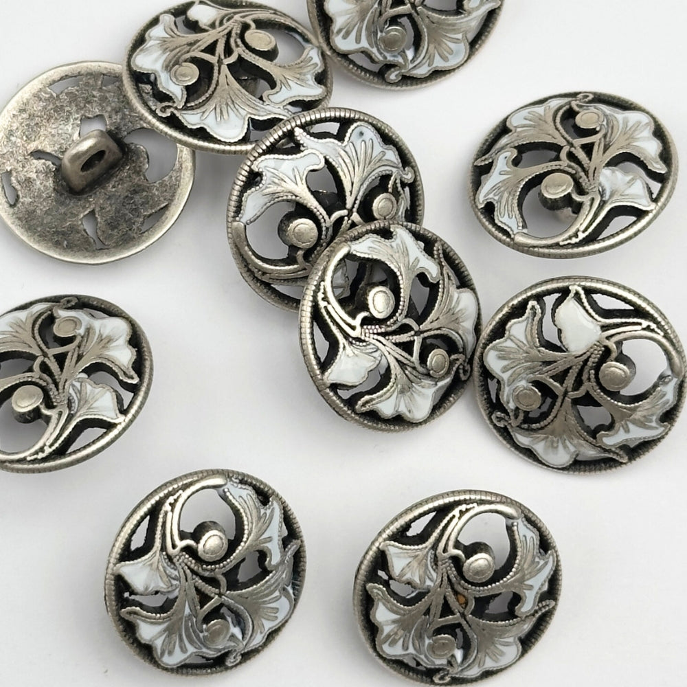 Knap - Metal med bladmønster - Silver/Cream - 18 - mm