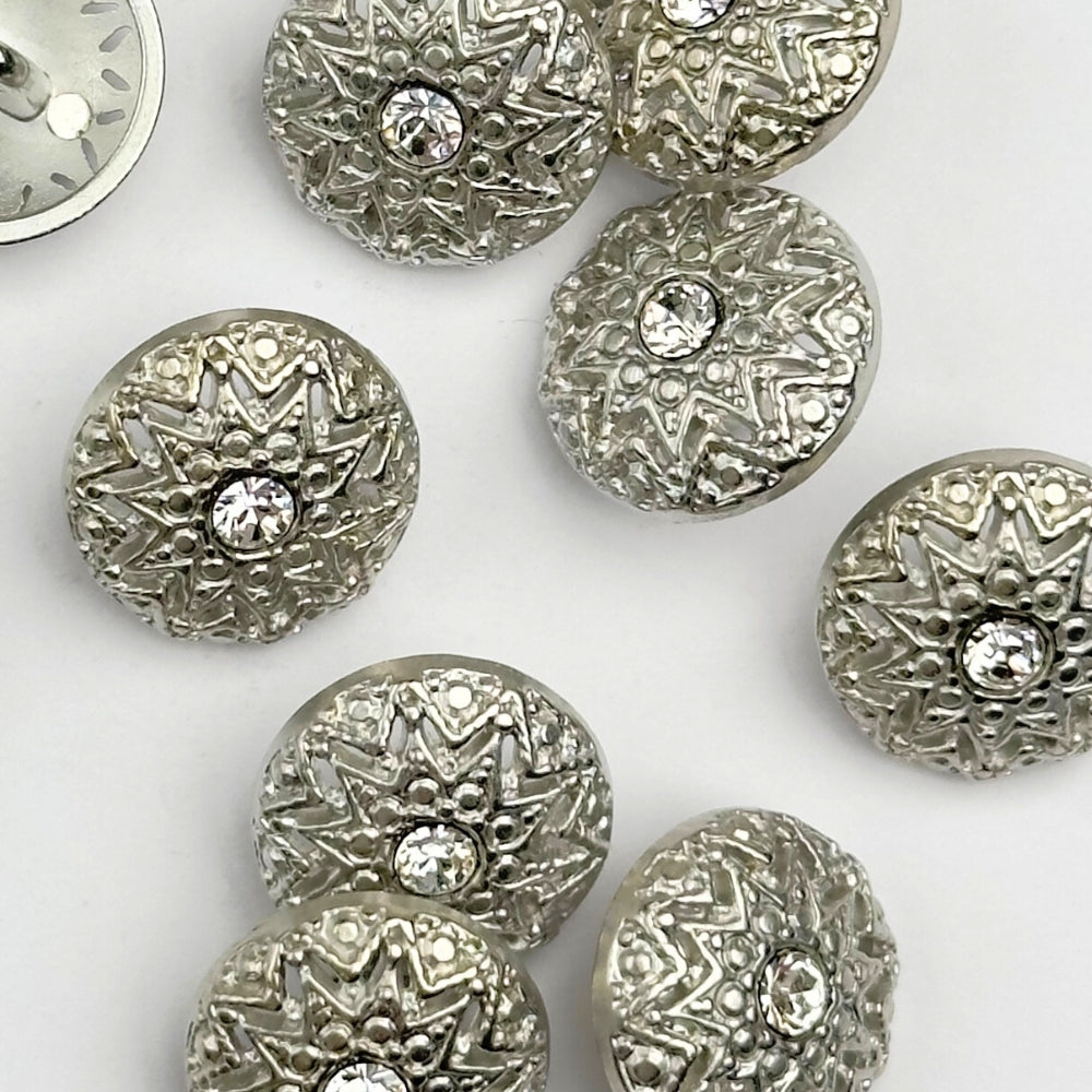 Knap - Metal med Emalje og Krystal - Sølv - 15 mm