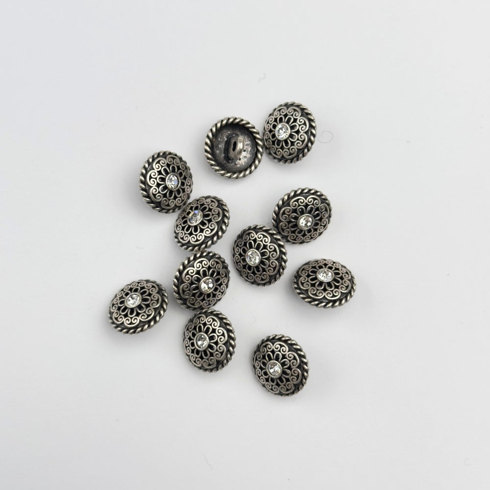 Knap - Metal med Krystal - Sølv/Sort - 15 mm